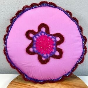 2007 Y2K Seventeen Magazine Pink Round Pillow Crochet Flower Sequin Corduroy